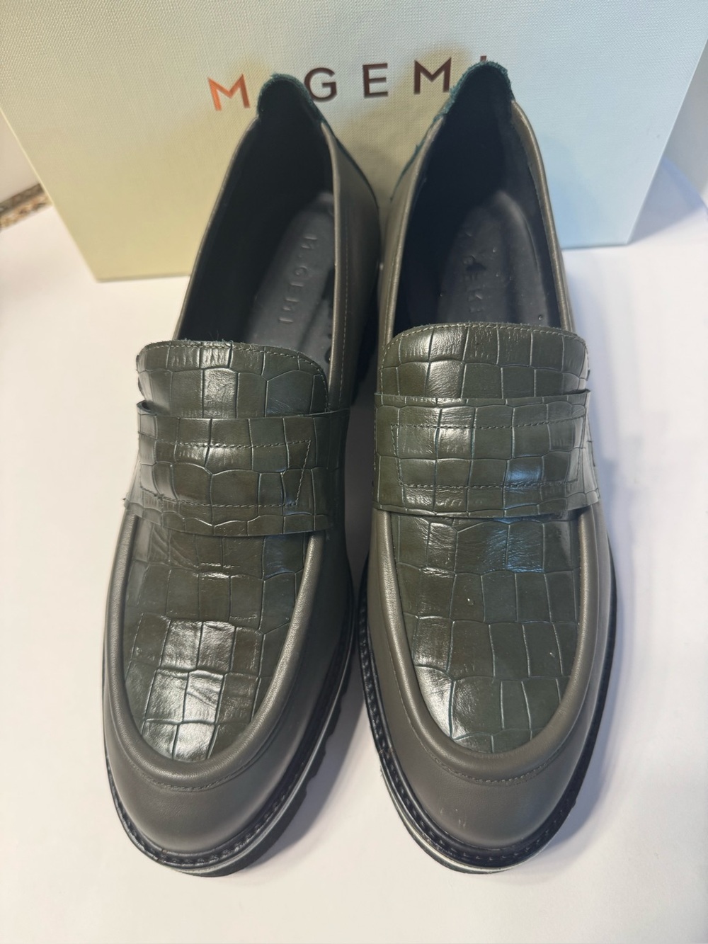 NIB M.Gemi Croc-Embossed Olive Green Leather Lug Sole Italian Loafers US11 - Picture 12 of 13